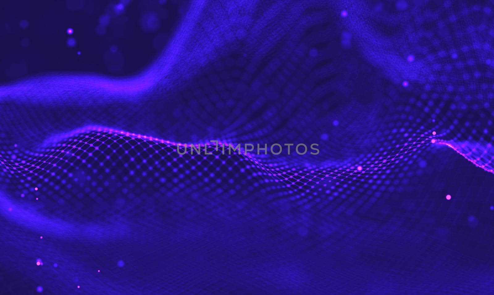 Abstract futuristic illustration of polygonal surface. Low poly shape with connecting dots and lines on dark background. 3D rendering