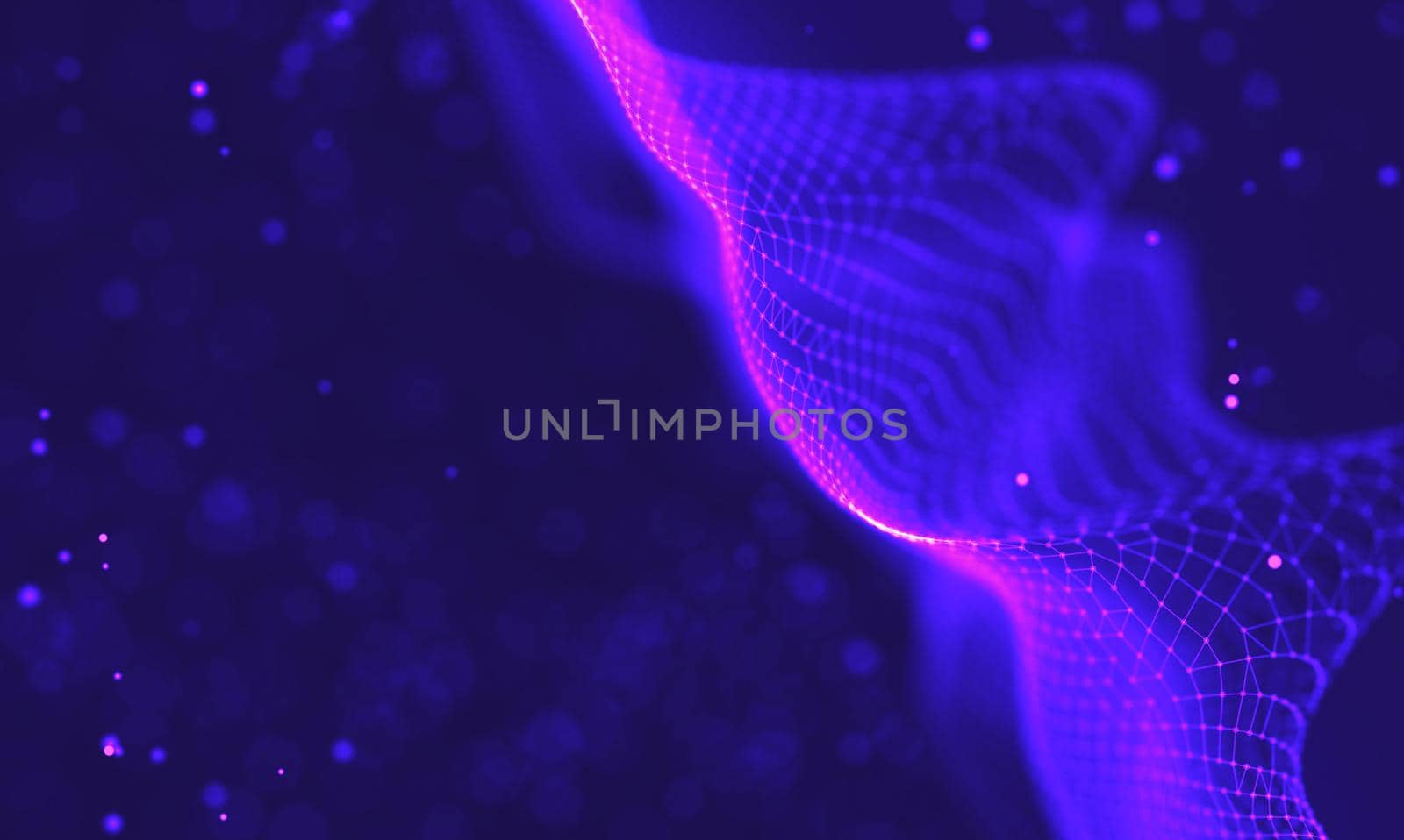 Abstract futuristic illustration of polygonal surface. Low poly shape with connecting dots and lines on dark background. 3D rendering