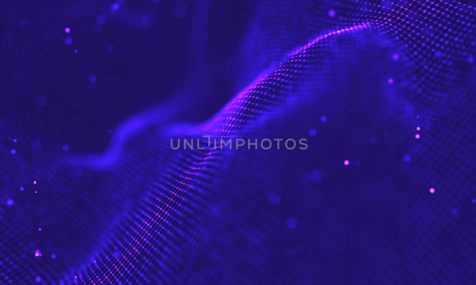 Abstract futuristic illustration of polygonal surface. Low poly shape with connecting dots and lines on dark background. 3D rendering