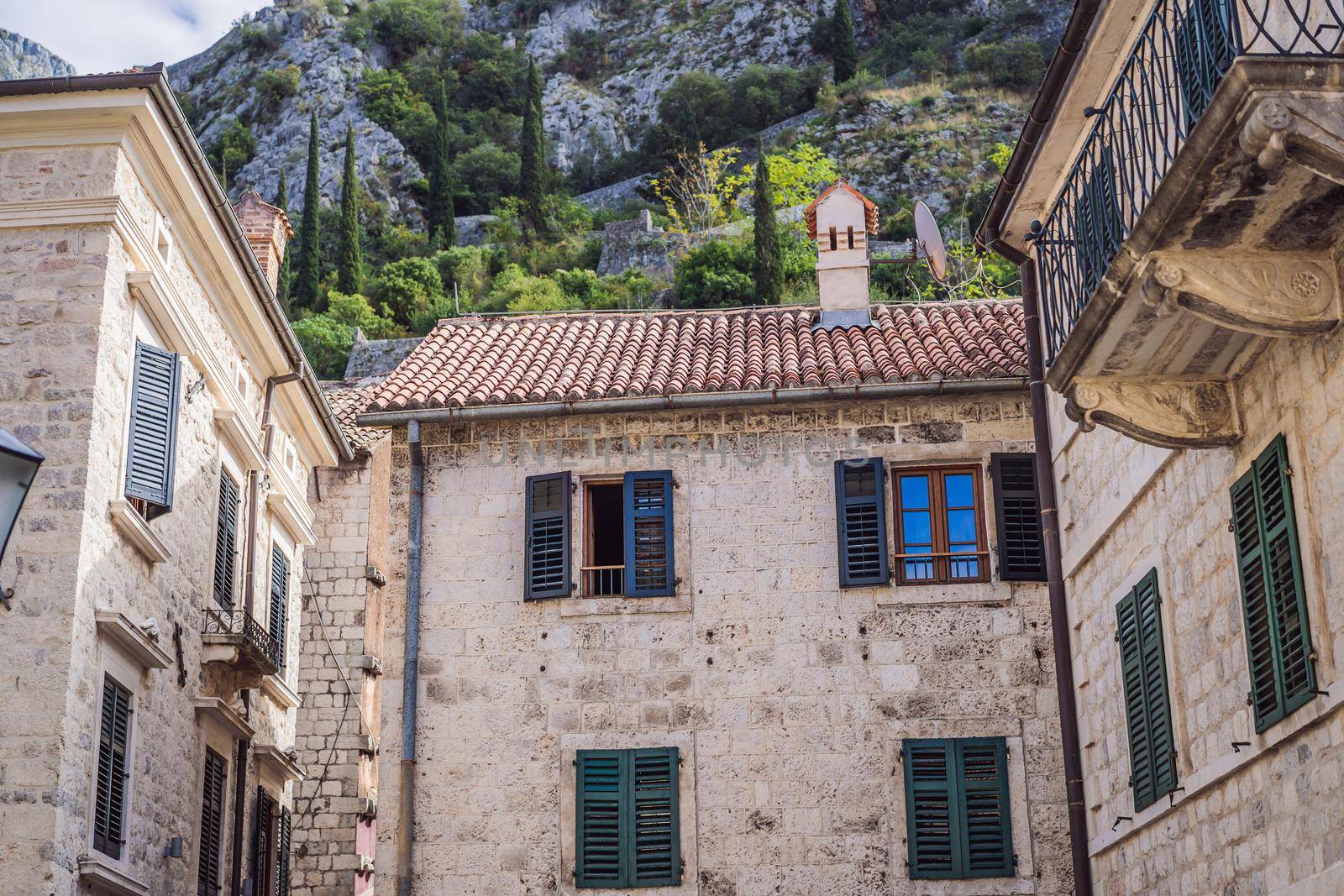 Colorful street in Old town of Kotor on a sunny day, Montenegro.