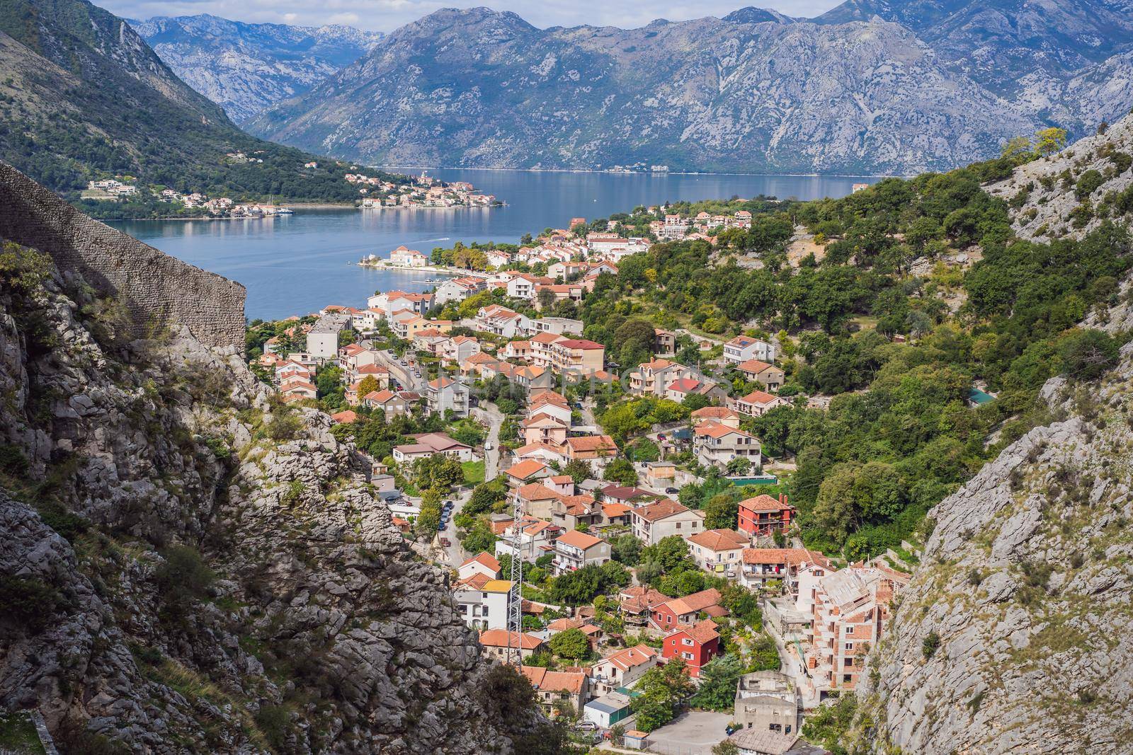 Montenegro. Bay of Kotor, Gulf of Kotor, Boka Kotorska and walled old city. Fortifications of Kotor is on UNESCO World Heritage List since 1979.