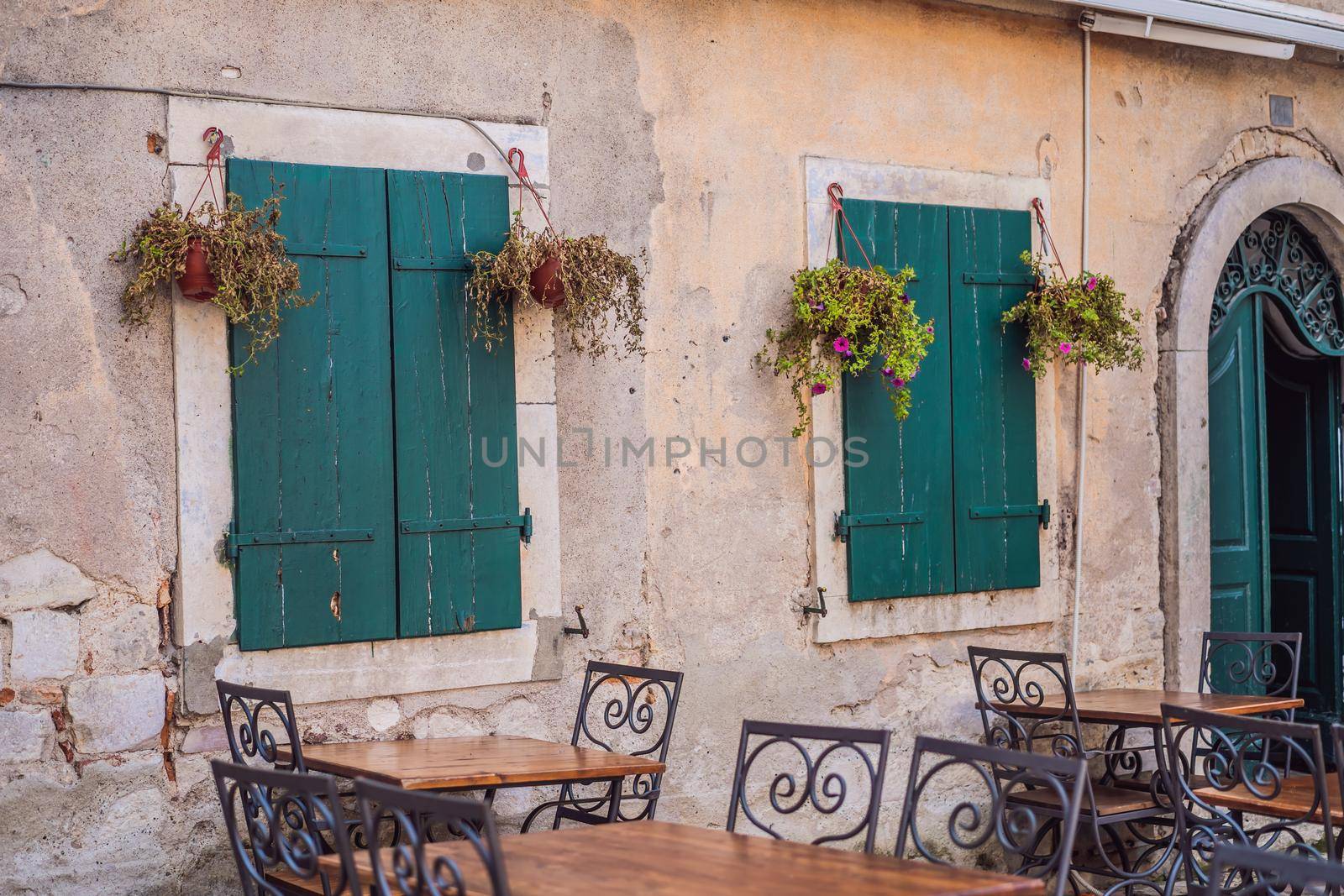 Colorful street in Old town of Kotor on a sunny day, Montenegro.