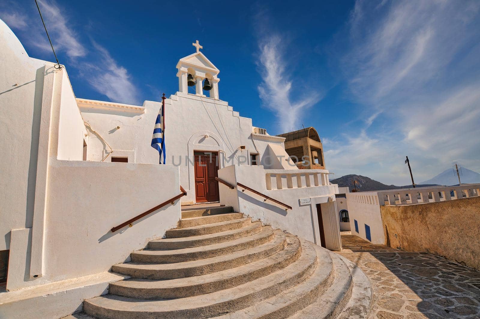 Small traditional church over Chora village on Anafi island.