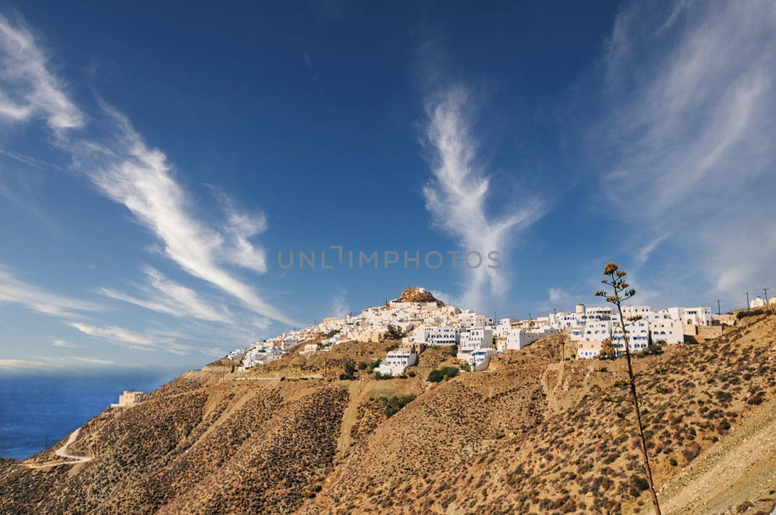 Beautiful village of Chora in Anafi island with a great view to the aegean sea