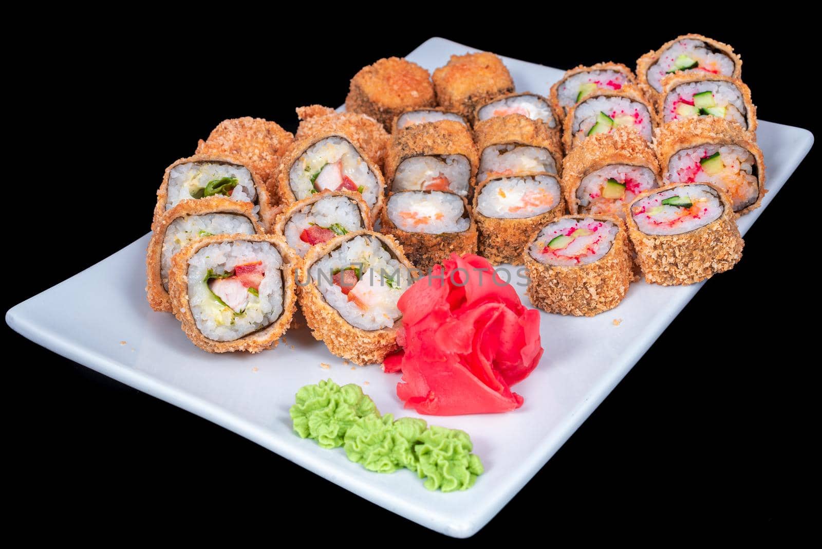 Japanese Cuisine - Sushi Roll with Shrimps and Conger, Avocado, Tobiko and Cheese. sushi rolls tempura,japanese food style ,Traditional Japanese cuisine, Crunchy Shrimp Tempura Roll by Andrii_Ko