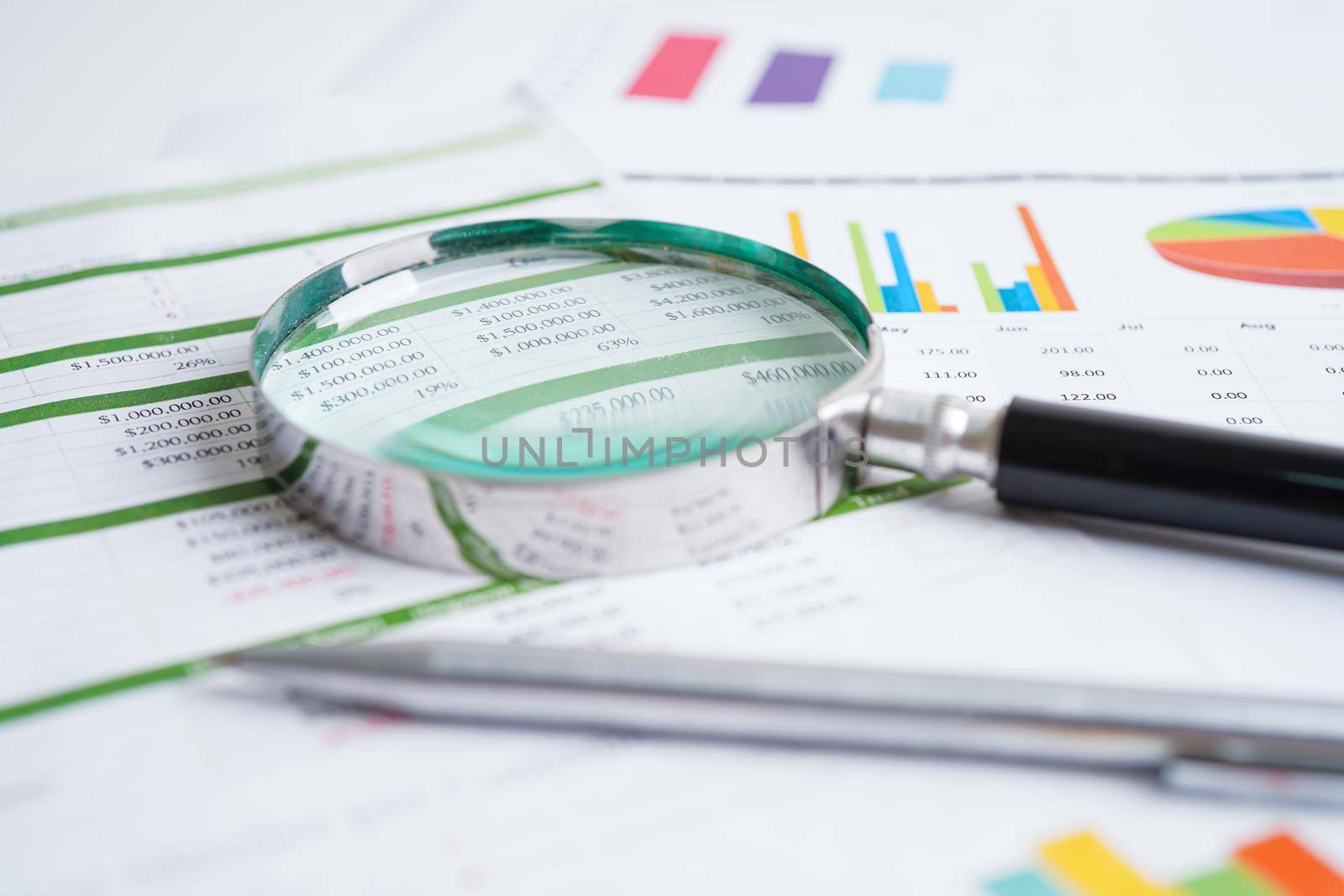 Magnifying glass on charts graphs paper. Financial development, Banking Account, Statistics, Investment Analytic research data economy.