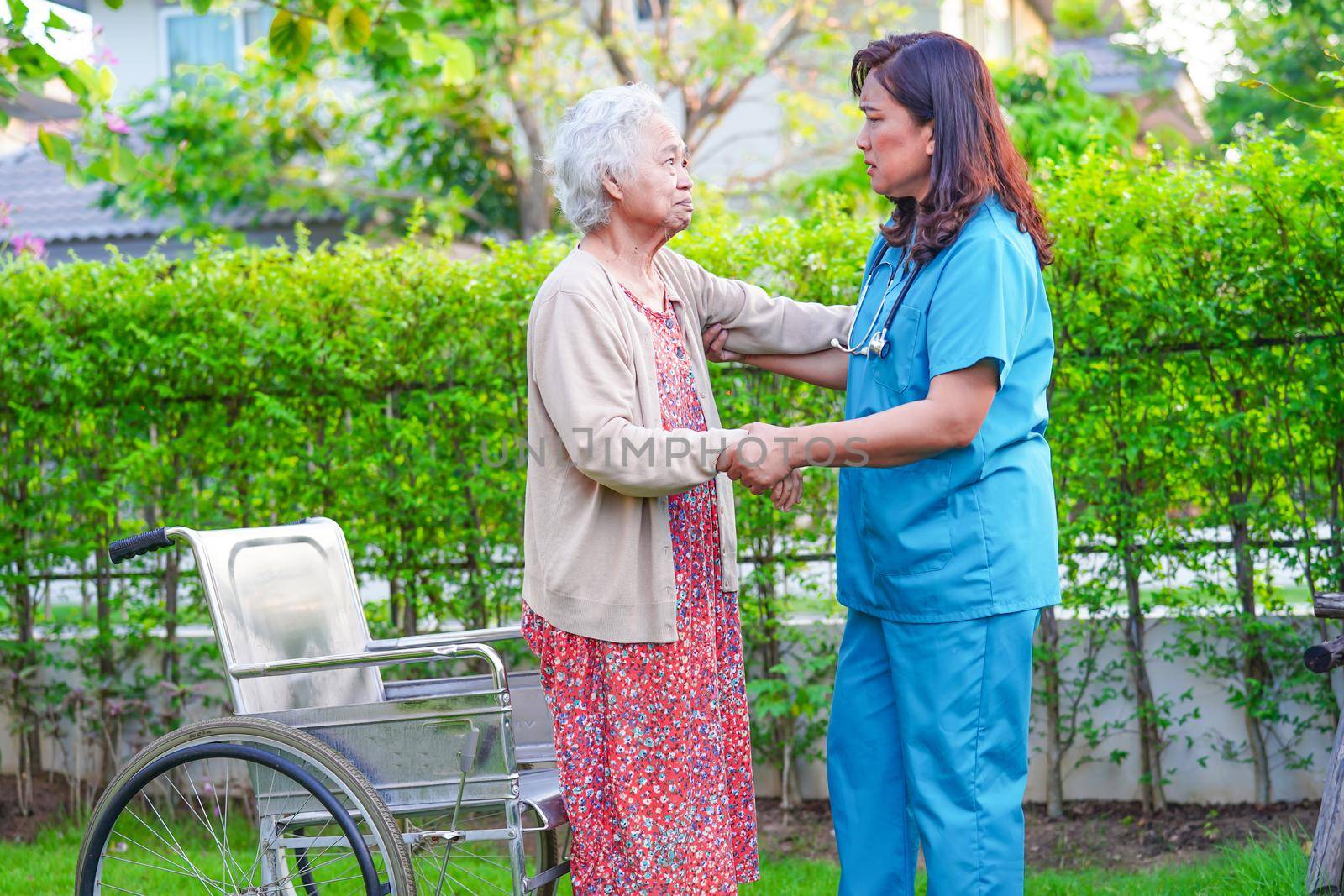 Caregiver help Asian elderly woman disability patient sitting on wheelchair in park, medical concept.