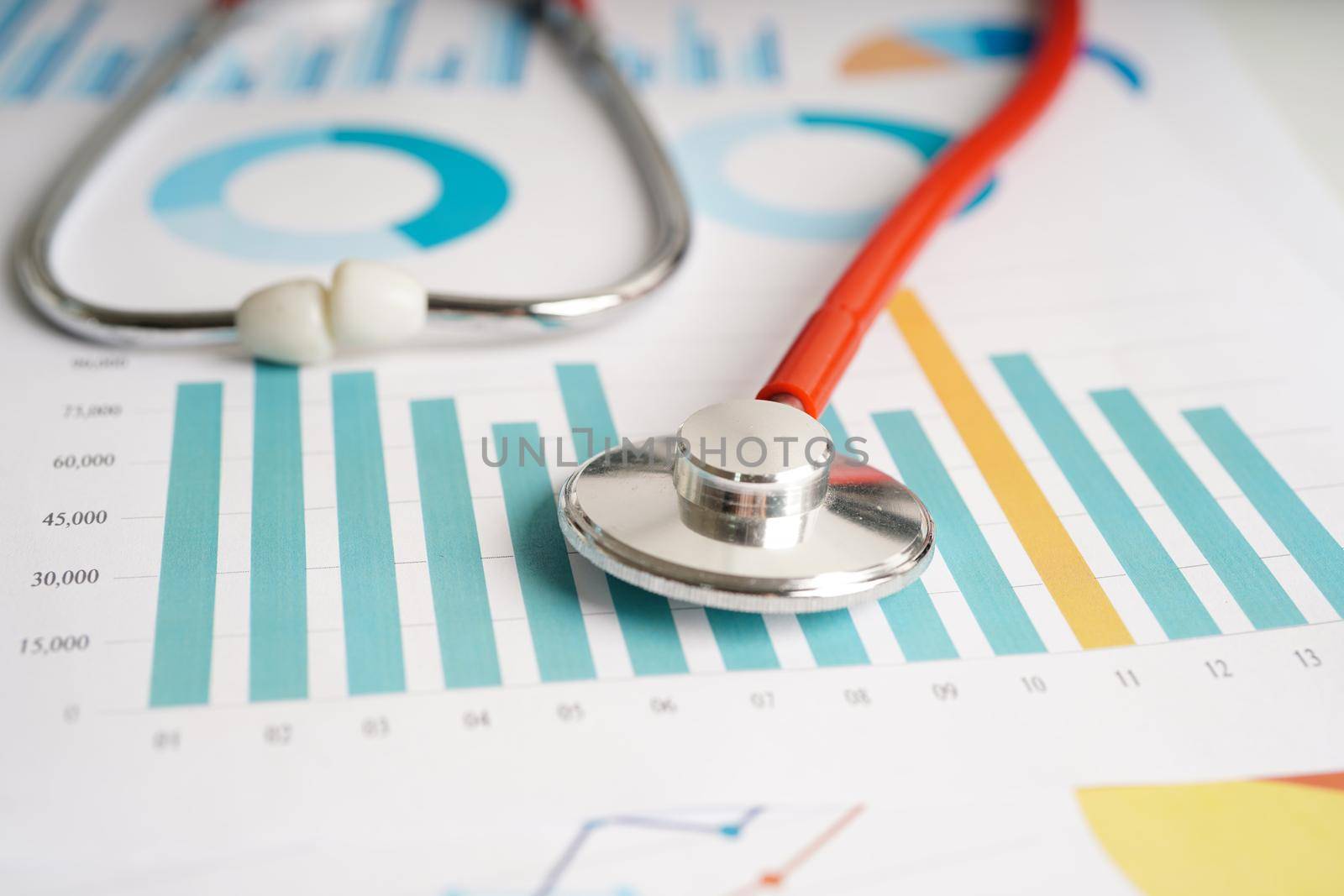 Stethoscope on charts and graphs spreadsheet paper, Finance, Account, Statistics, Investment, Analytic research data economy and Business company concept.