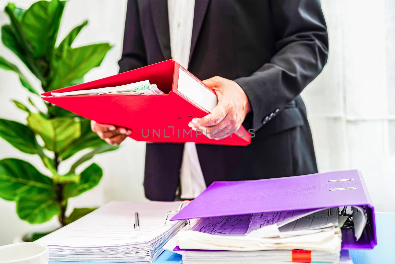 Businessman working and prepare paperwork report data to analysis information in file binder at office.