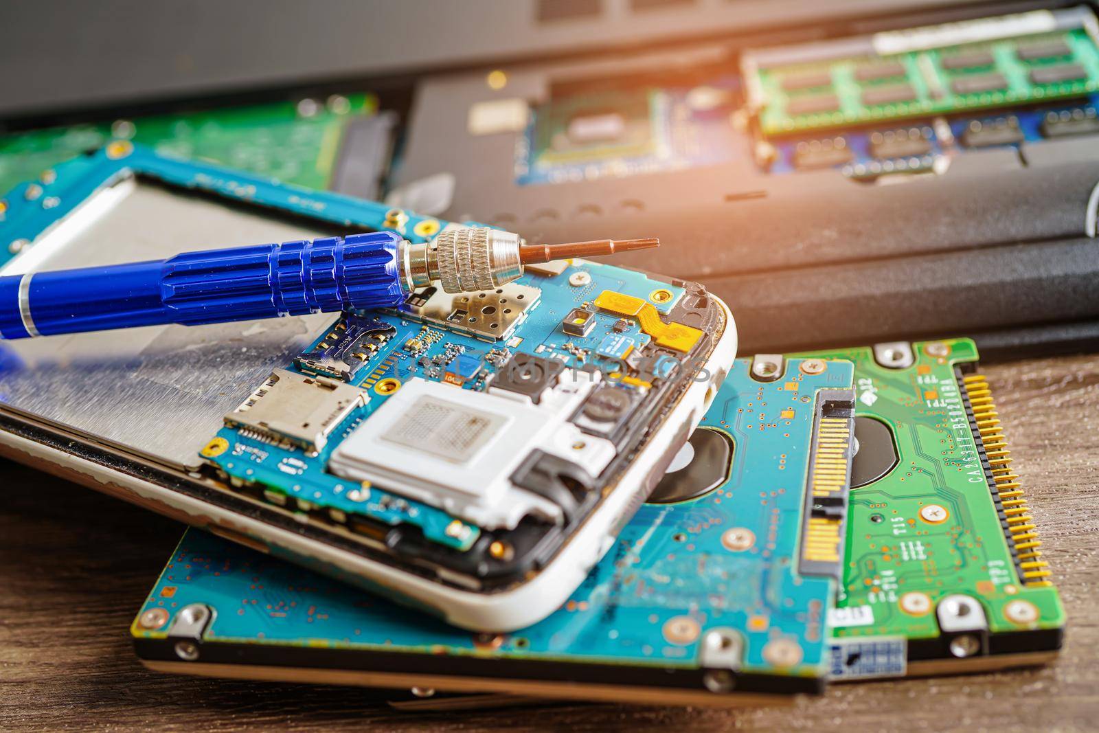 Repairing and upgrade mobile phone, electronic, computer hardware and technology concept.