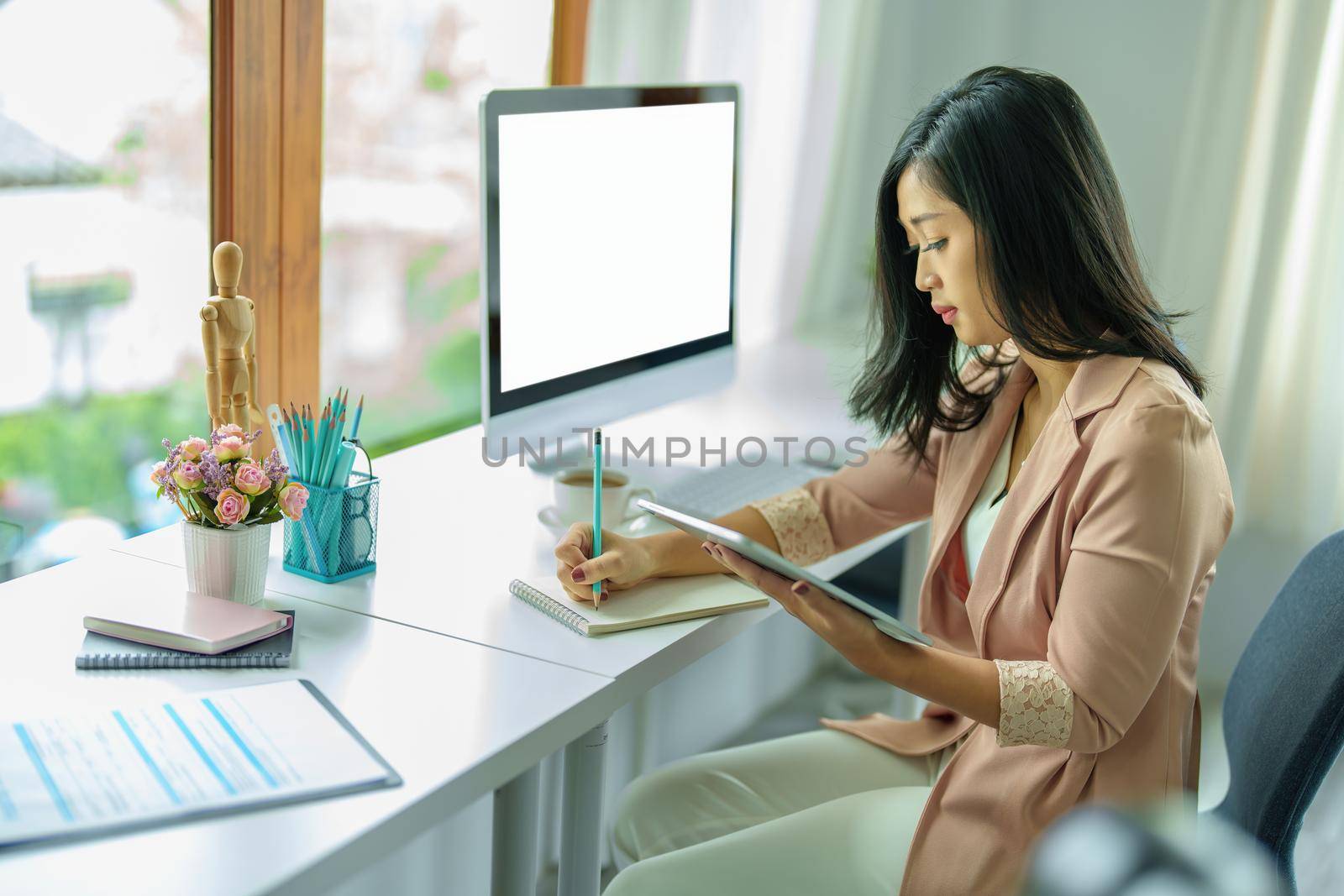 data analysis, plan, marketing, accounting, audit, Portrait of asian business woman planning marketing using tablet and notebook to present marketing plan project at meeting. by Manastrong