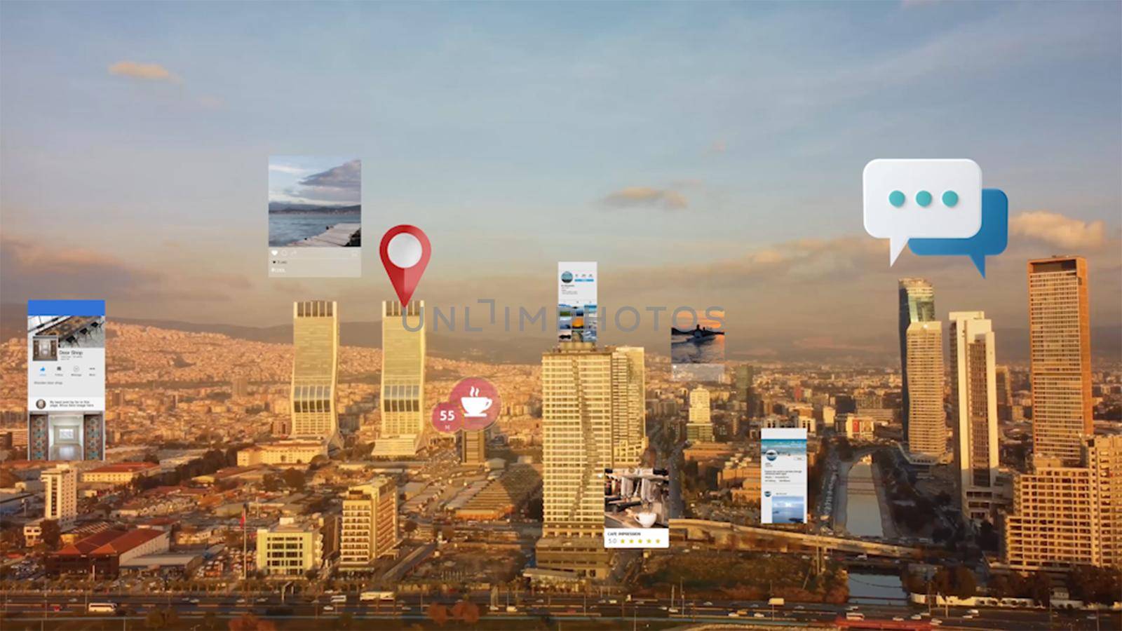 Connected aerial city with several interfaces. Futuristic concept. Augmented reality over Izmir by senkaya