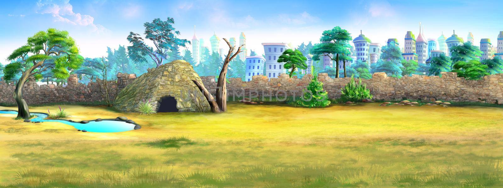 Animal enclosure in zoo and wildlife park. Digital Painting Background, Illustration.