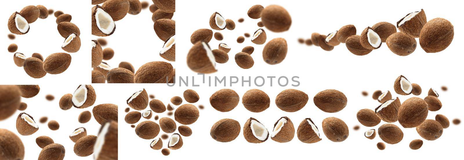 A set of photos. Whole and half cocoanuts levitate on a white background.