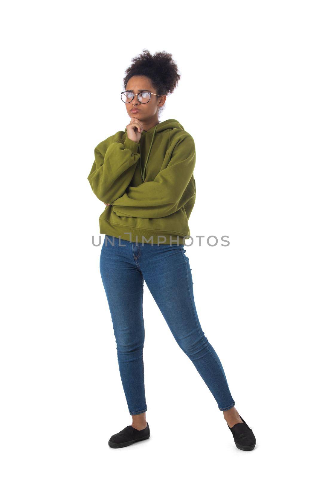 Thoughtful mixed race black woman wearing casual clothes full length portrait isolated over a white background