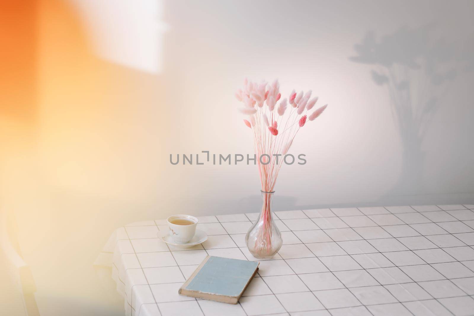 modern interior design in contemporary and cozy living room with dry plants in vase, book and tea cup on the table