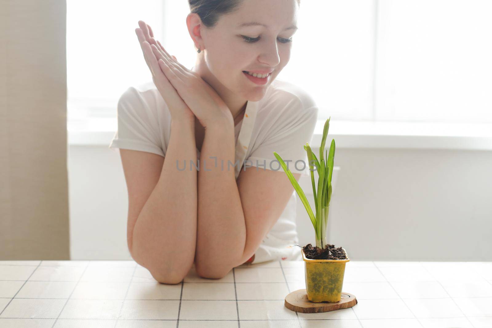 lovely housewife woman with flower in pot. Gardening, holidays, Spring and Easter concept