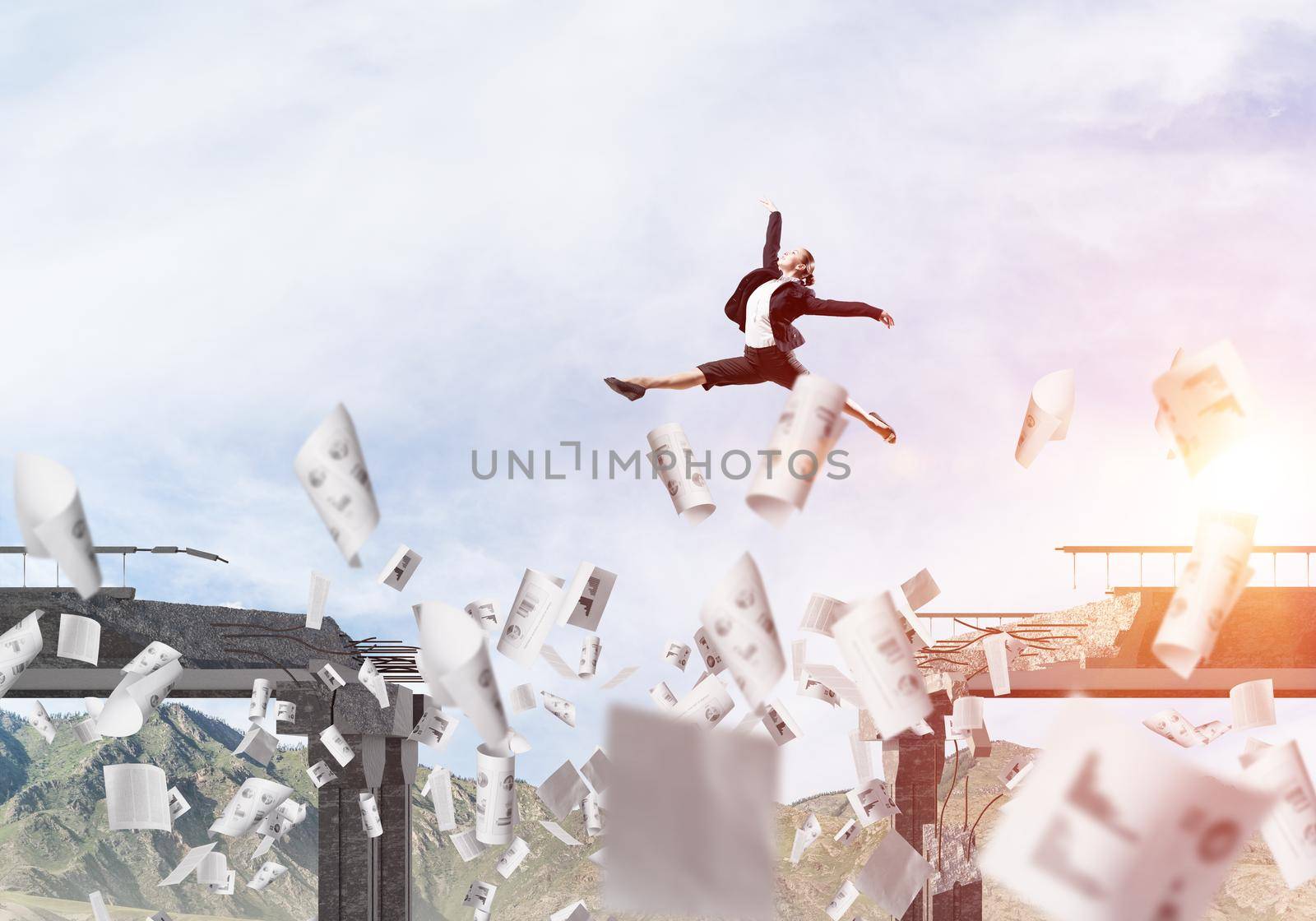 Business woman jumping over gap in bridge among flying papers as symbol of overcoming challenges. Skyscape with sunlight and nature view on background. 3D rendering.
