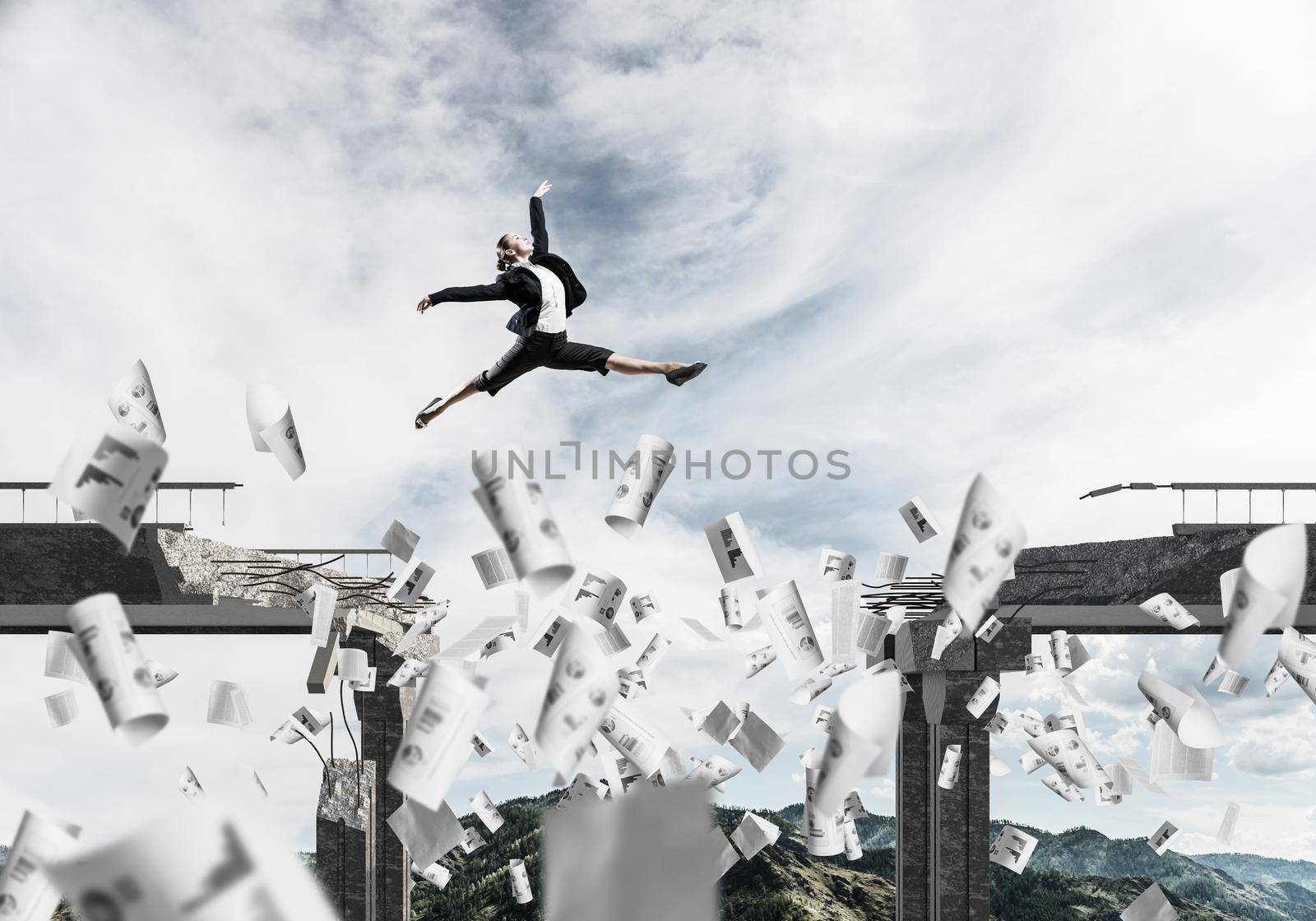 Business woman jumping over gap in bridge among flying papers as symbol of overcoming challenges. Skyscape and nature view on background. 3D rendering.