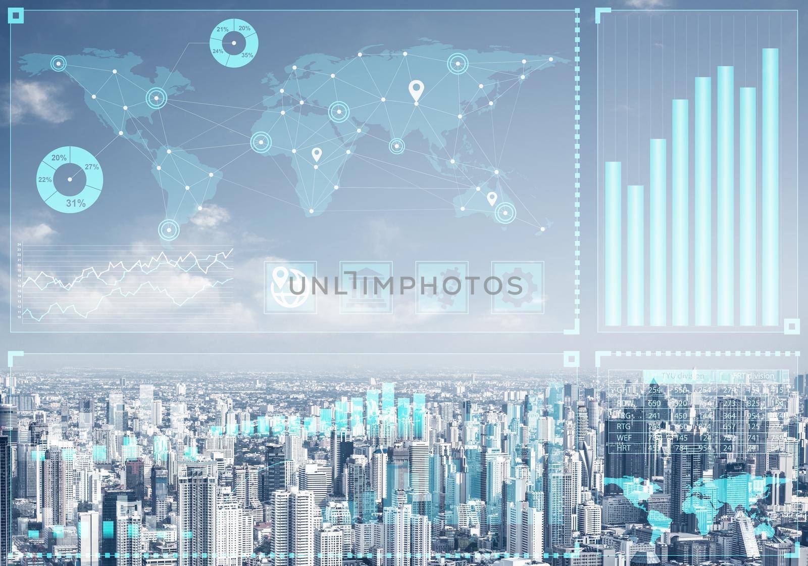 Double exposure business concept with abstract financial graphics on background of modern business district. Digital economy and global online trading. Investment management and strategy planning
