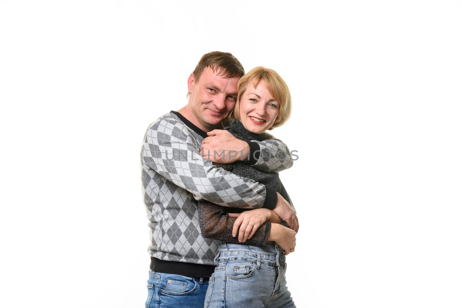 Man hugging woman, isolated on white background