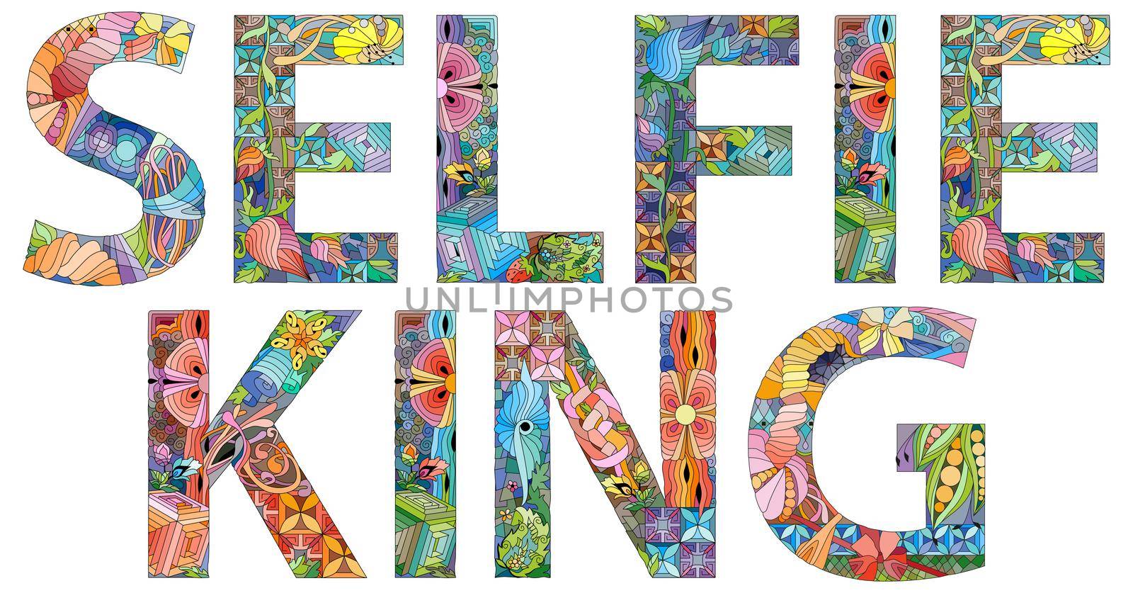Hand-painted art design. Hand drawn illustration word Selfie King for t-shirt and other decoration
