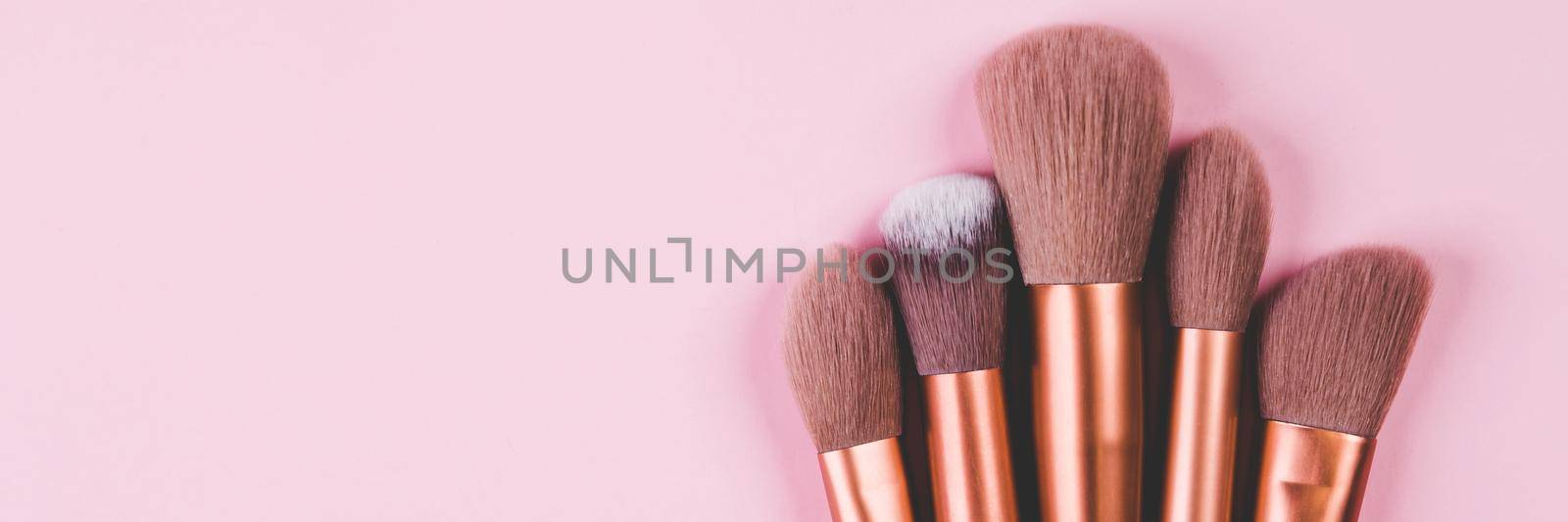 Collection of group makeup brush size with various isolated on pink background, set of make-up artist, no people, cut out, object about beauty of female.