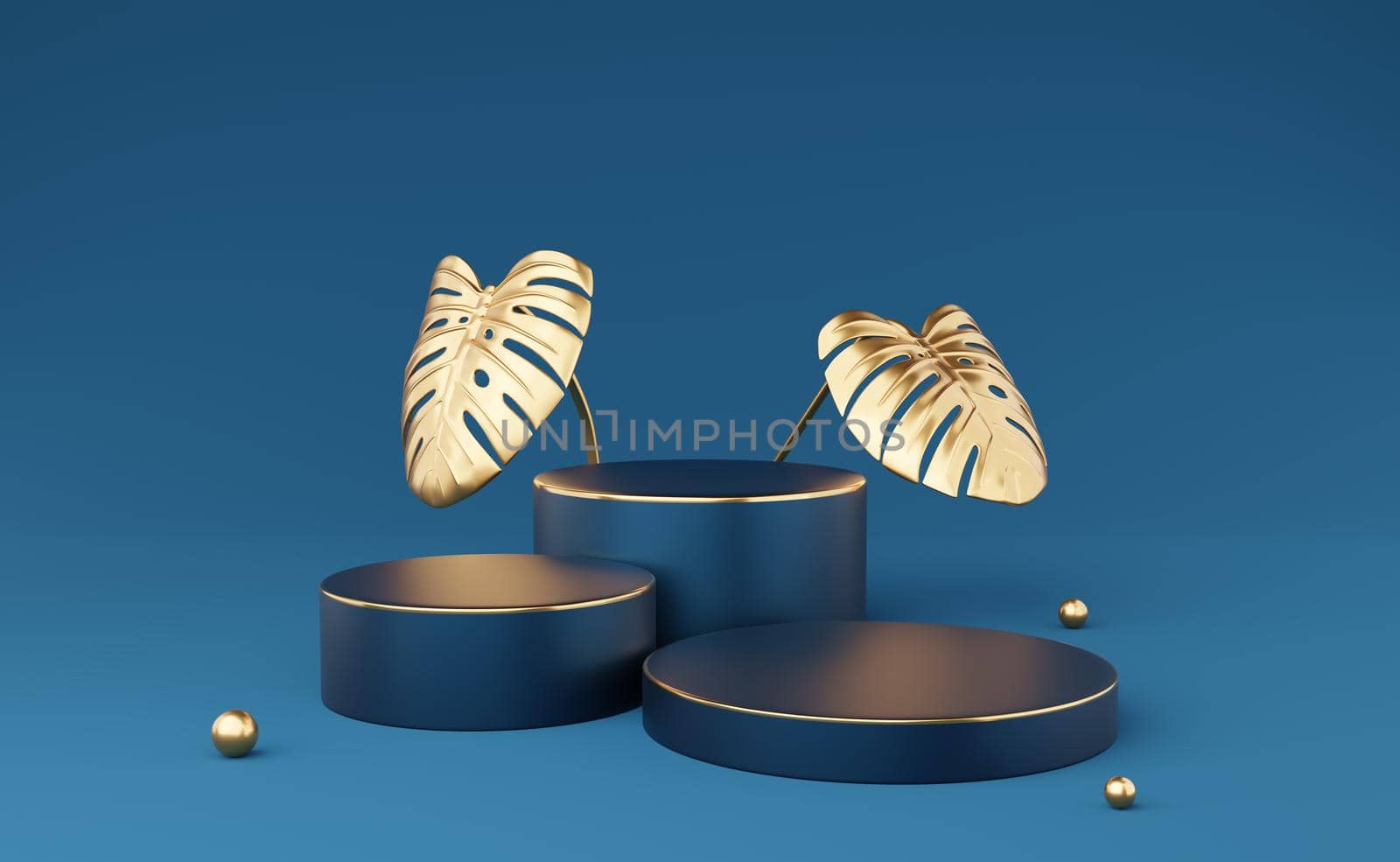 Empty blue cylinder podium with gold border and 2 monstera deliciosa leaf on blue background. Abstract minimal studio 3d geometric shape object. Mockup space for cosmetic display design. 3d rendering. by media-ja