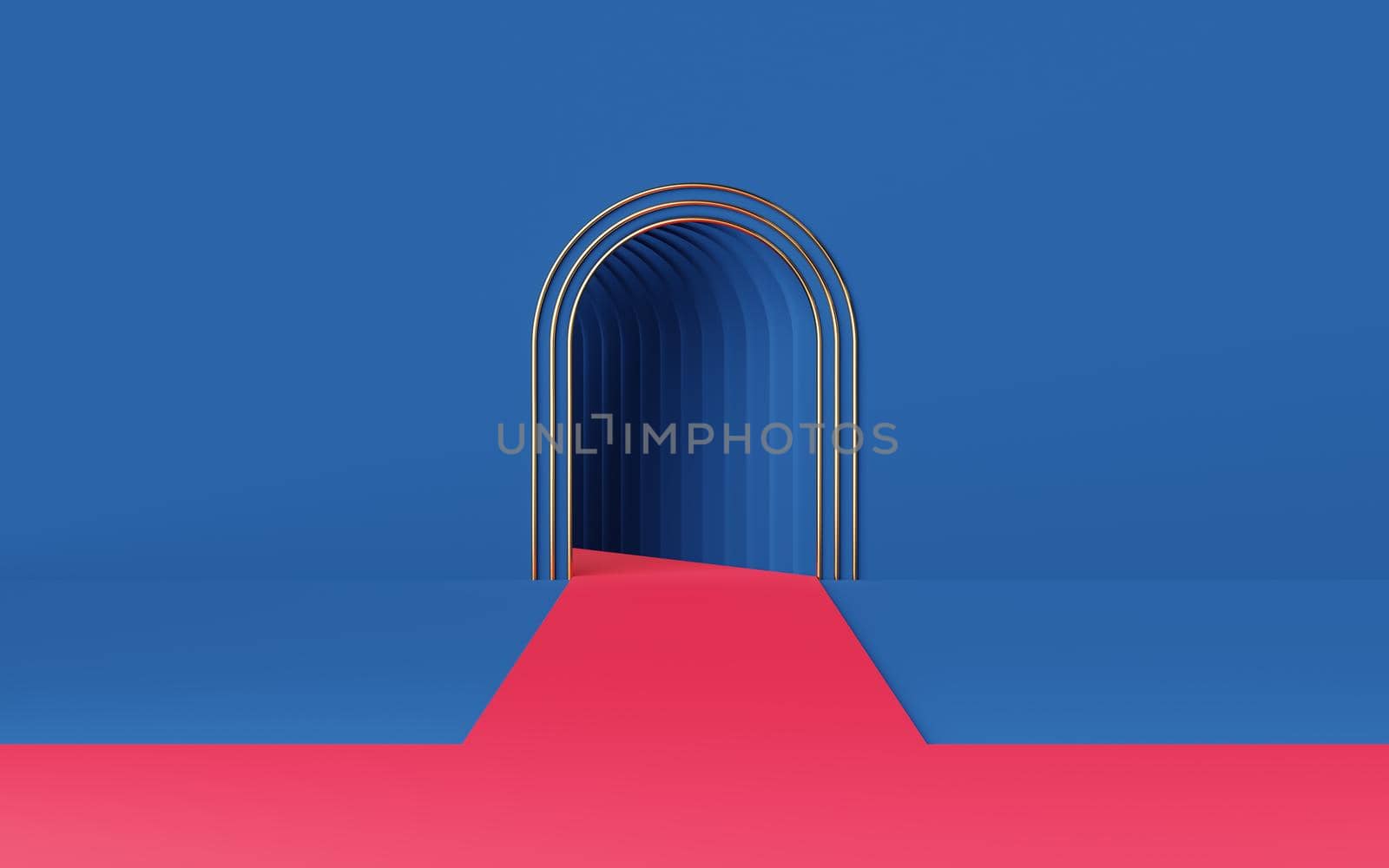 Empty red catwalk or podium on blue arch and gold tube. Abstract minimal studio 3d geometric shape object. Mockup space for display of product design. 3d rendering. by media-ja