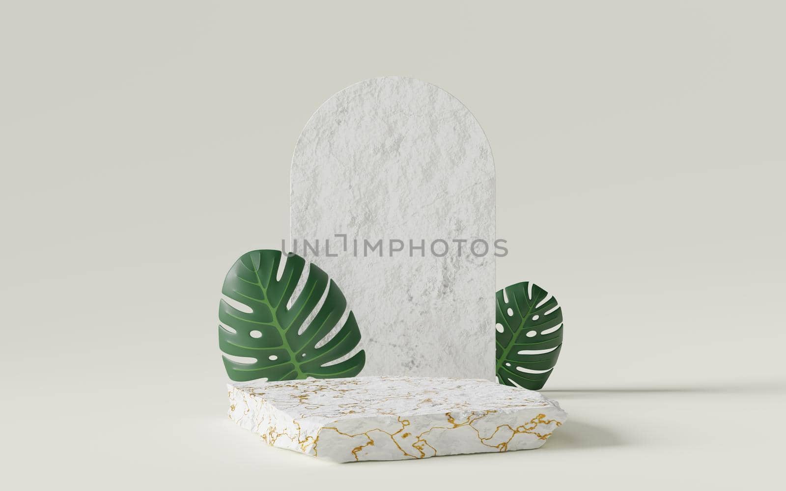 Empty White stone podium with concrete arch, monstera deliciosa leaf on copy space background. Abstract pastel minimal studio. Mockup space for cosmetic display design. 3d rendering.