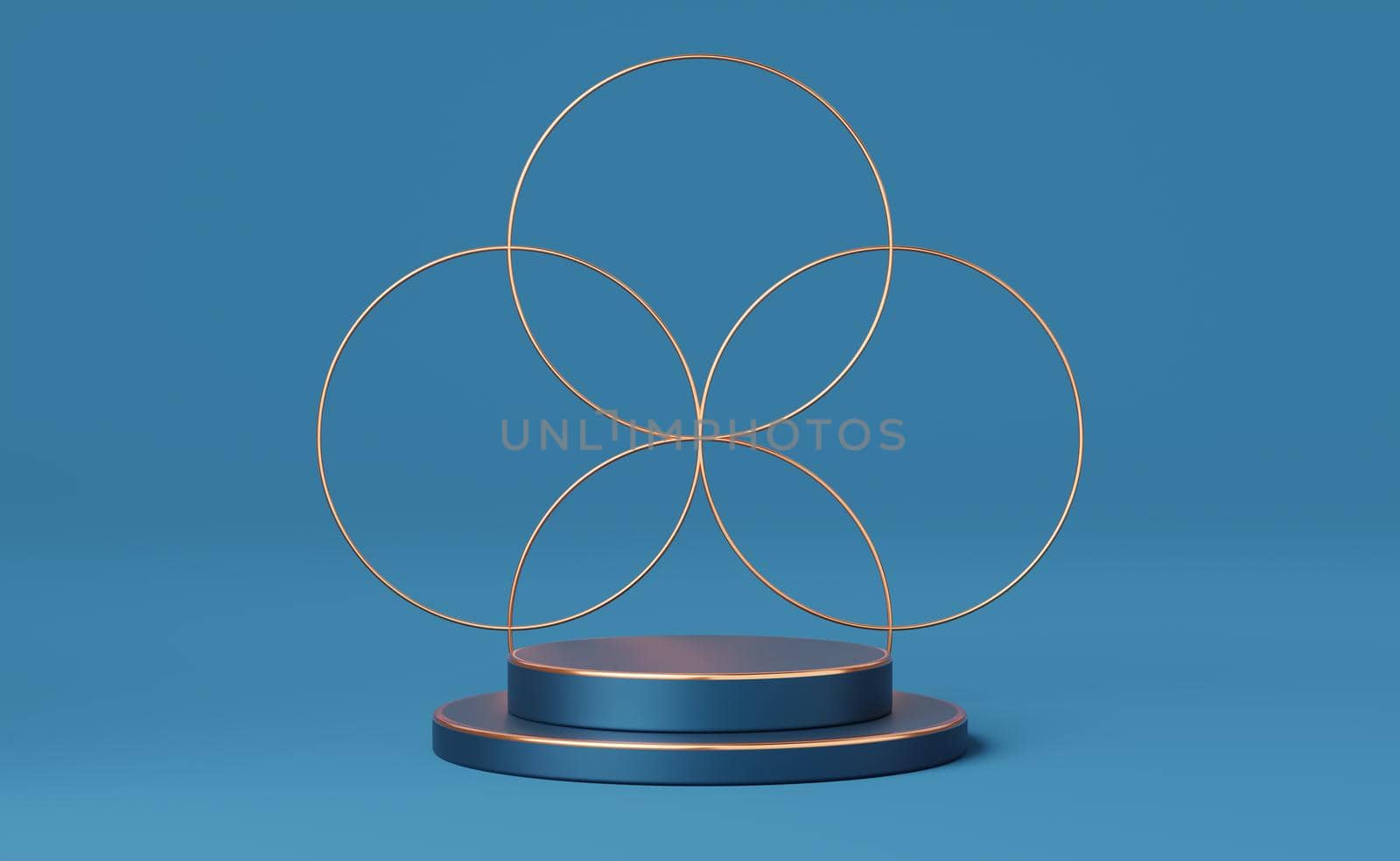 Empty cylinder podium with gold border and gold circle of flower shape on blue background. Abstract minimal studio 3d geometric shape object. Mockup space for display of product design. 3d rendering.