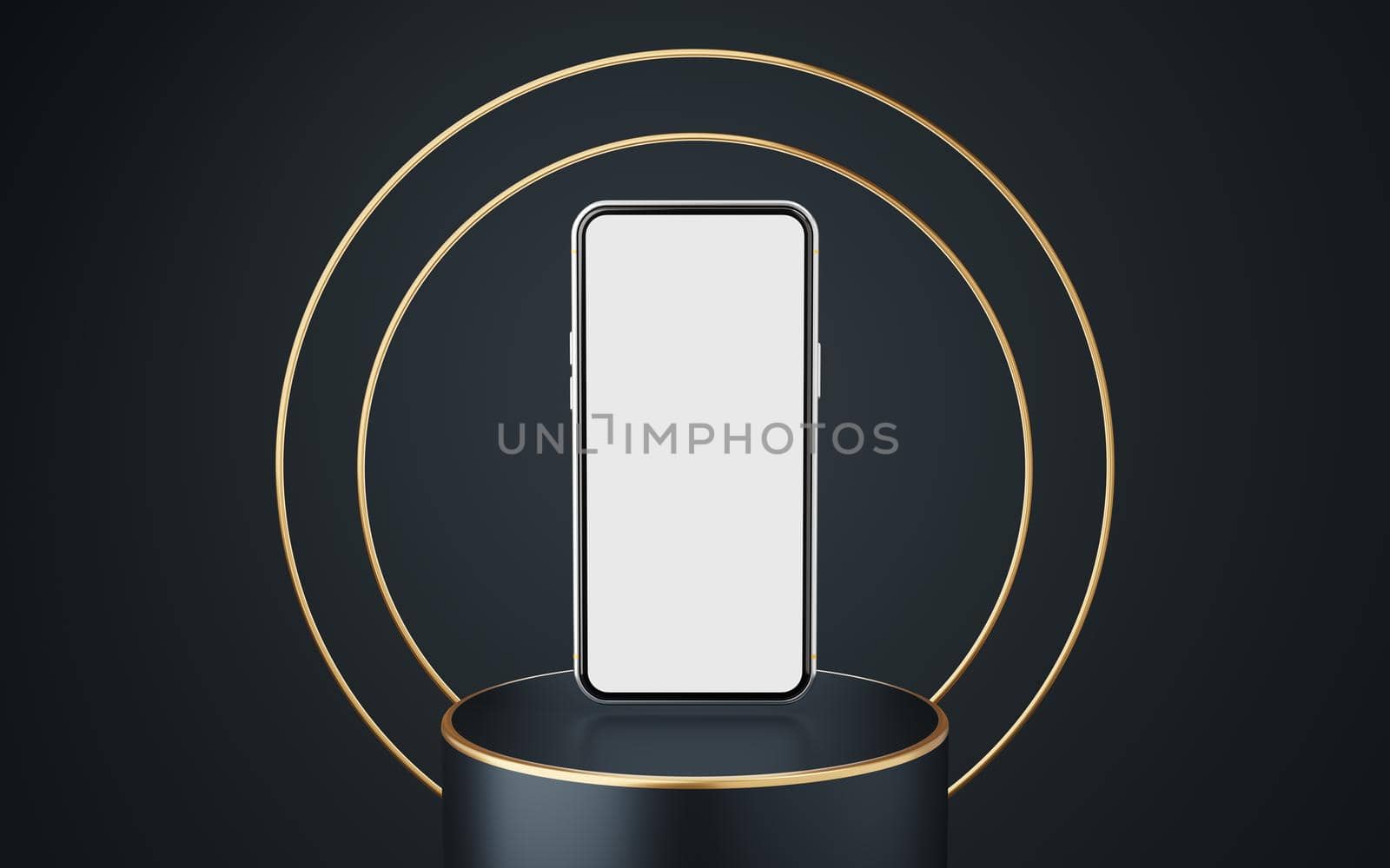 Silver mobile phone on gray cylinder podium with gold border and 2 copper circle on black background. Minimal studio. Pedestal mock up space for modern. smartphone with blank white screen. 3d render. by media-ja