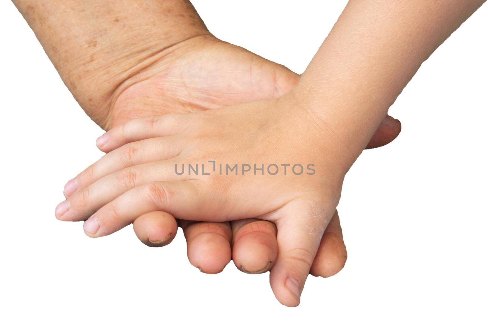 Close-up of the hands of an elderly woman and a small child, isolated on a white background, by clipping. Soft focus image by claire_lucia