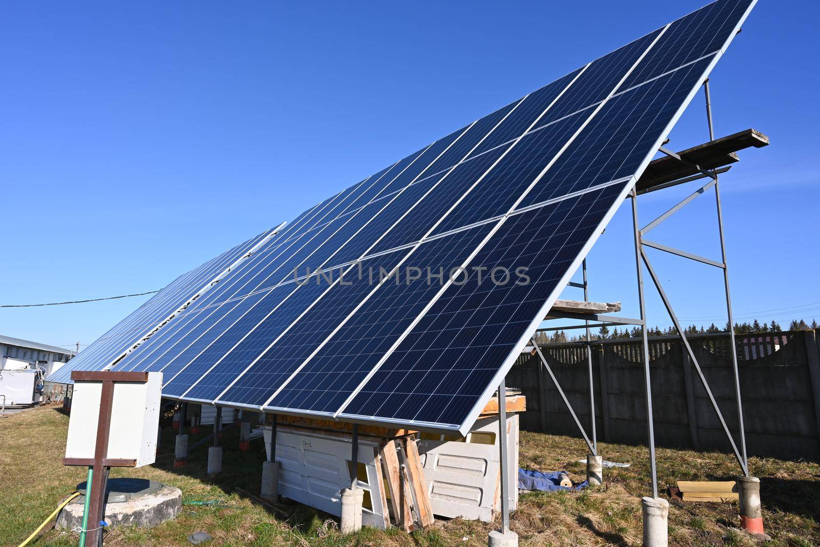 Solar energy generation on solar panels during the day outdoors