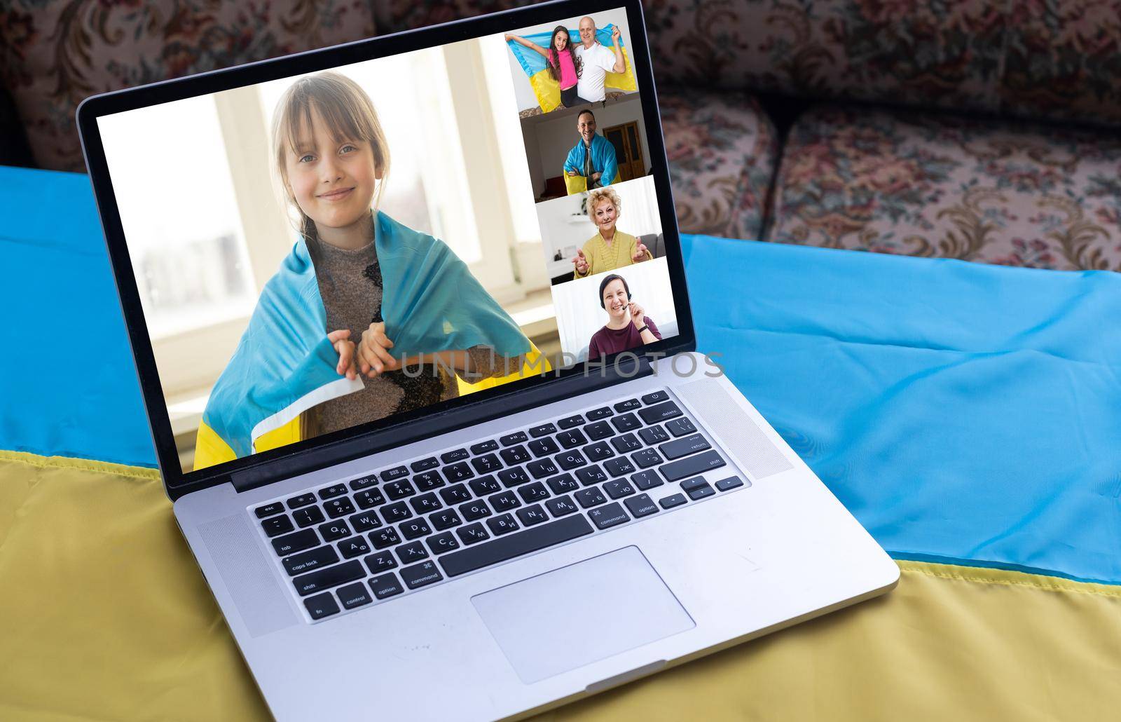 flag of ukraine, young woman teacher working with laptop sitting in classroom. Education, school college university.