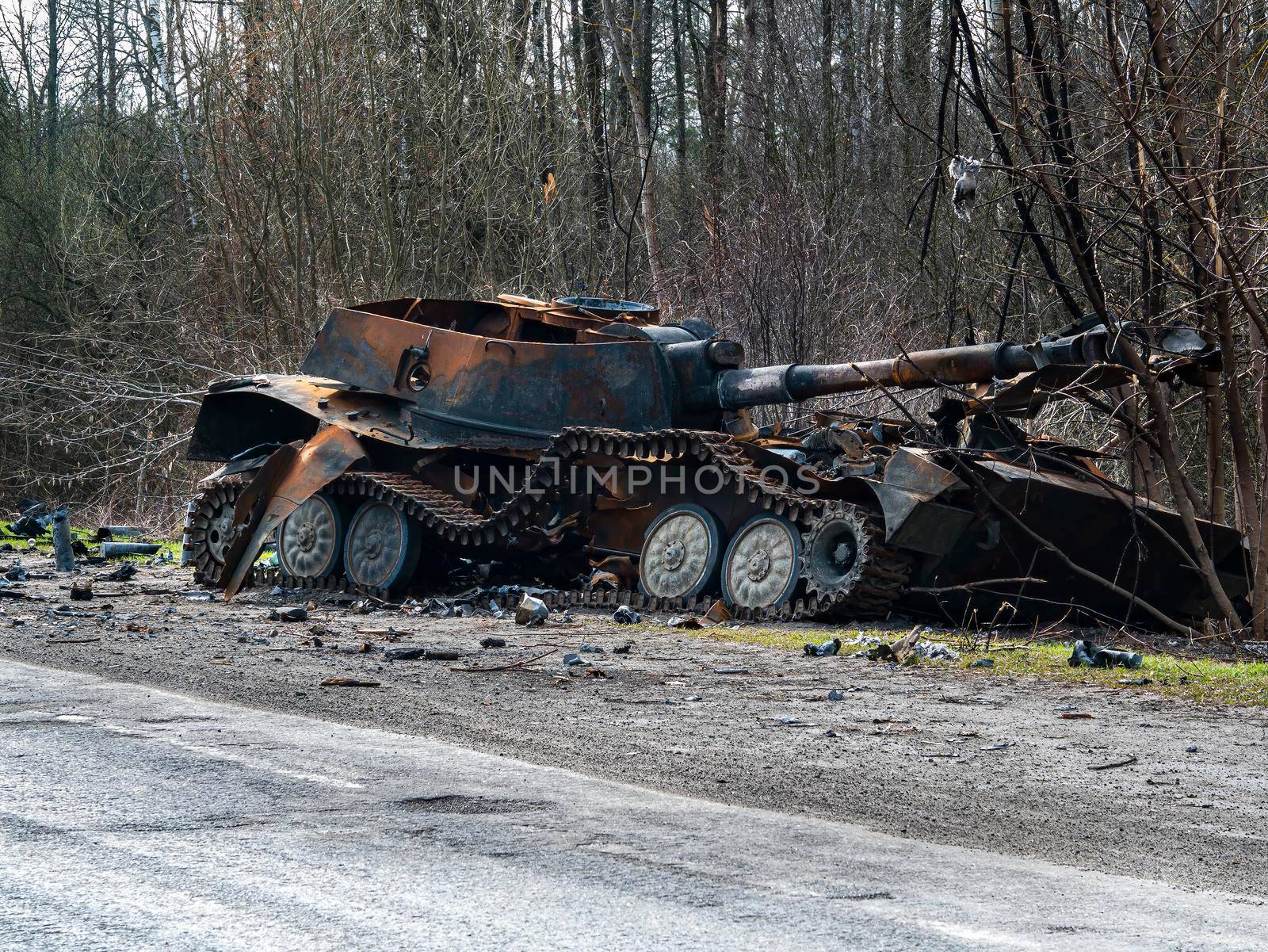 War in Ukraine. Armored vehicles of the Russian army on the streets of Ukraine. Military tanks and self-propelled artillery mounts. Russian military equipment knocked out by the Ukrainian army.
