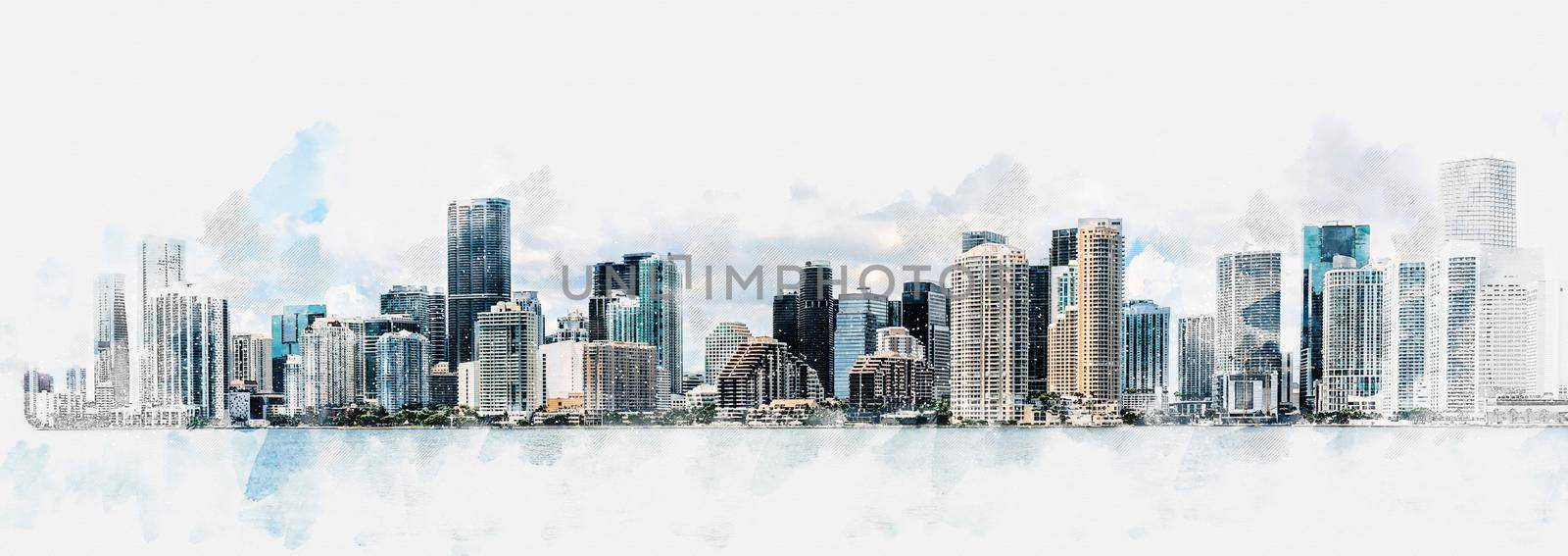 Watercolor digital illustration of Miami city Downtown skyline