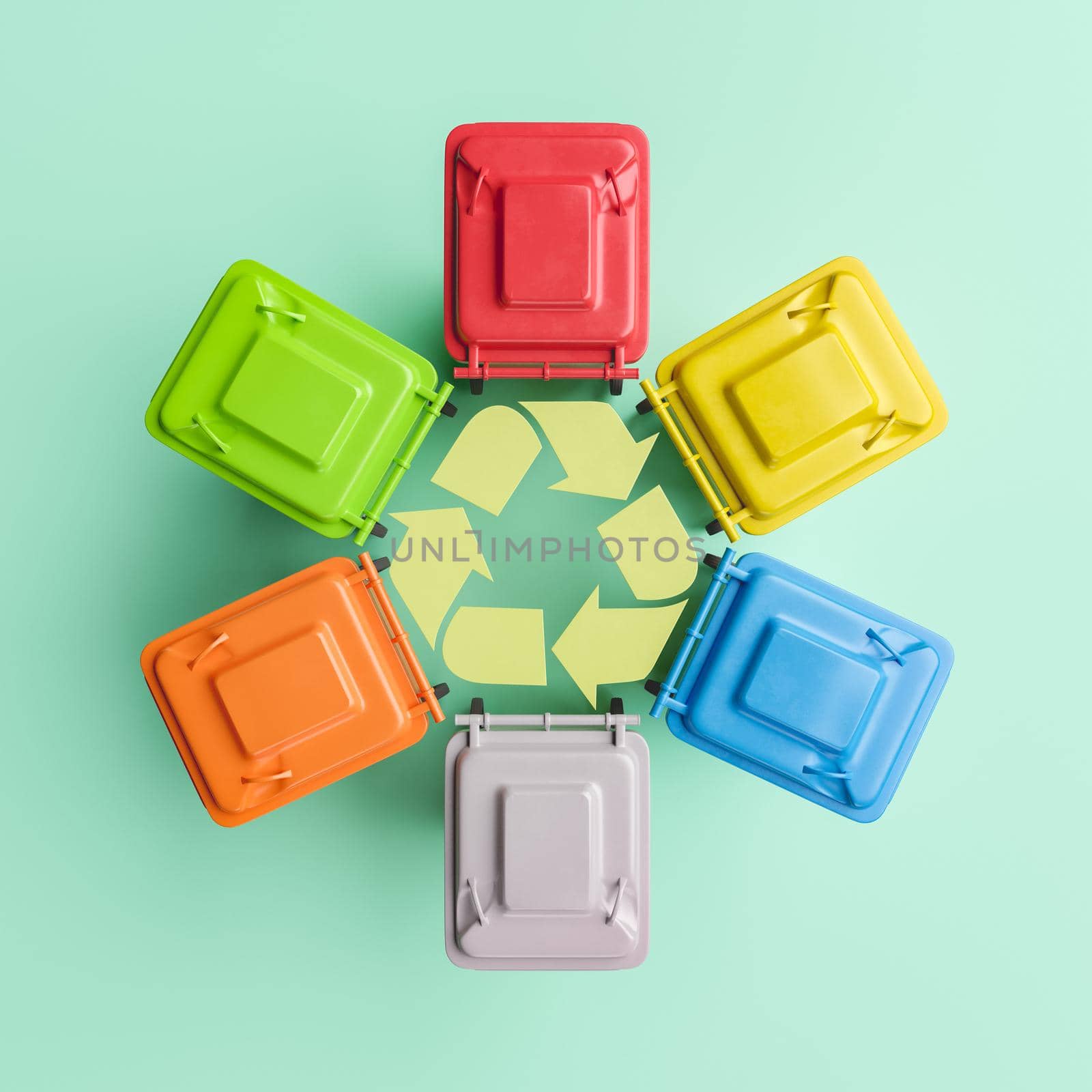 Top view 3D illustration of many colorful bins arranged in circle around recycle symbol on mint background