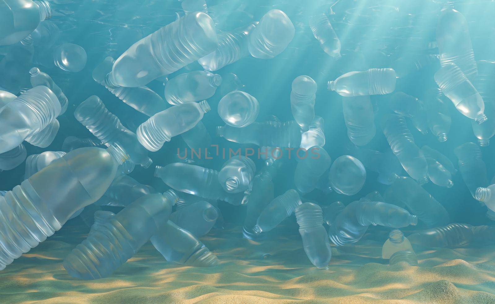 Heap of plastic bottles swimming in polluted sea with sandy bottom and light glare on sunny summer day in nature. 3d rendering