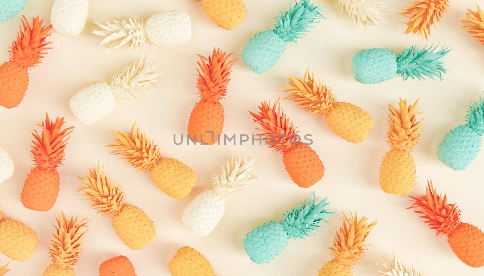 Top view of creative background with heap of bright pineapples with different colors placed on beige surface in light studio. 3d rendering