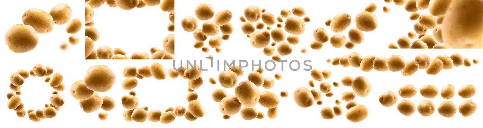 A set of photos. Golden potatoes levitate on a white background.