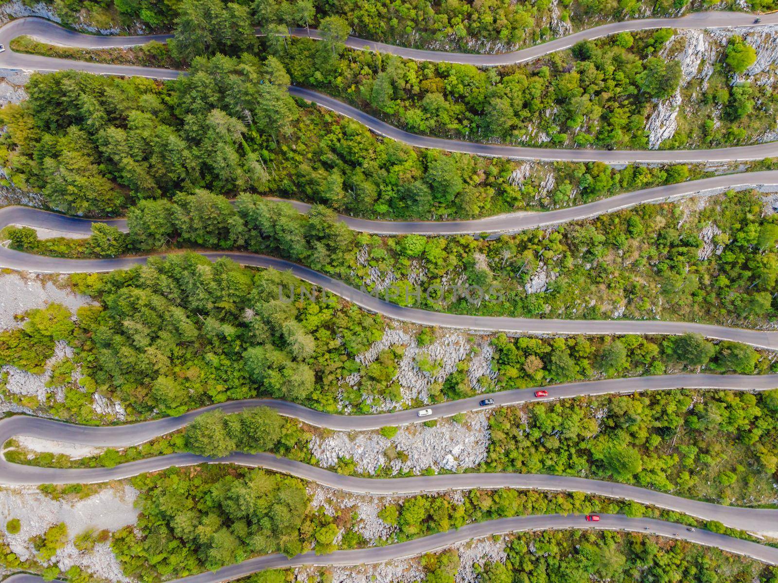 Aerial view on the Old Road serpentine in the national park Lovcen, Montenegro.