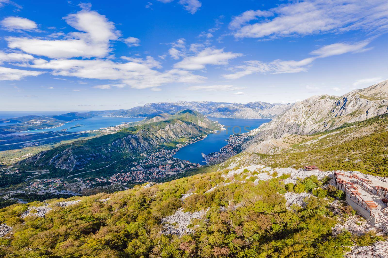 Montenegro. Bay of Kotor, Gulf of Kotor, Boka Kotorska and walled old city. Fortifications of Kotor is on UNESCO World Heritage List since 1979.