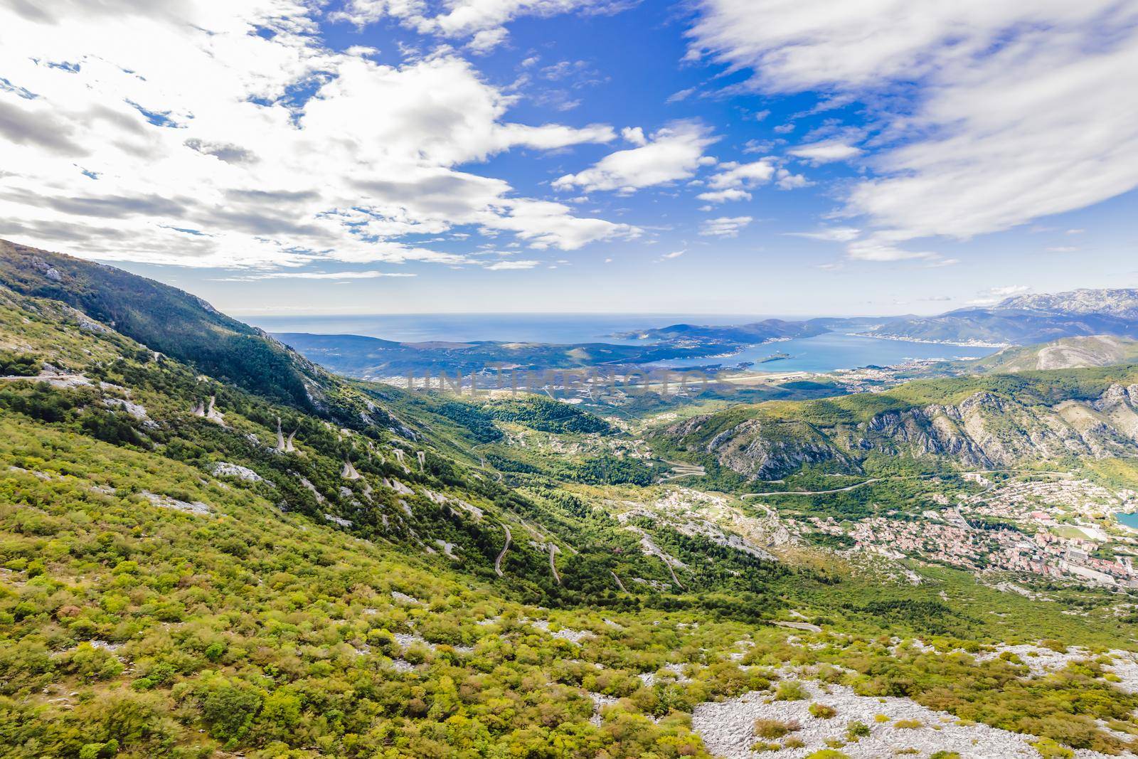 Montenegro. Bay of Kotor, Gulf of Kotor, Boka Kotorska and walled old city. Fortifications of Kotor is on UNESCO World Heritage List since 1979.