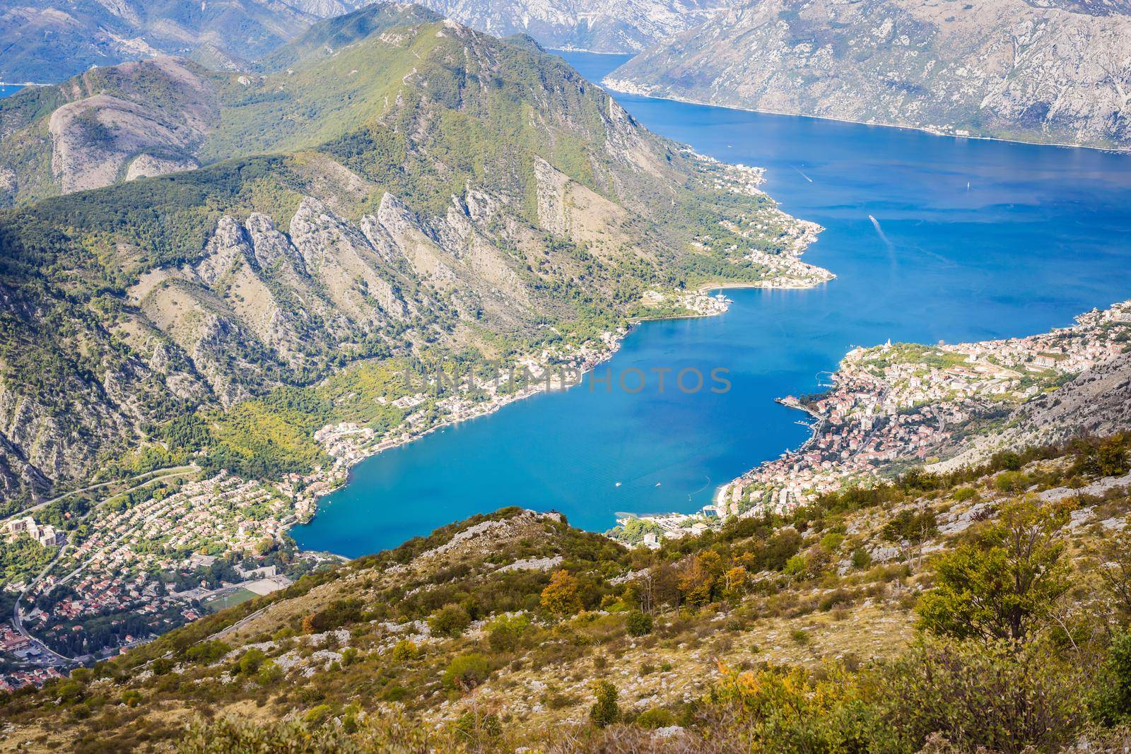 Montenegro. Bay of Kotor, Gulf of Kotor, Boka Kotorska and walled old city. Fortifications of Kotor is on UNESCO World Heritage List since 1979 by galitskaya