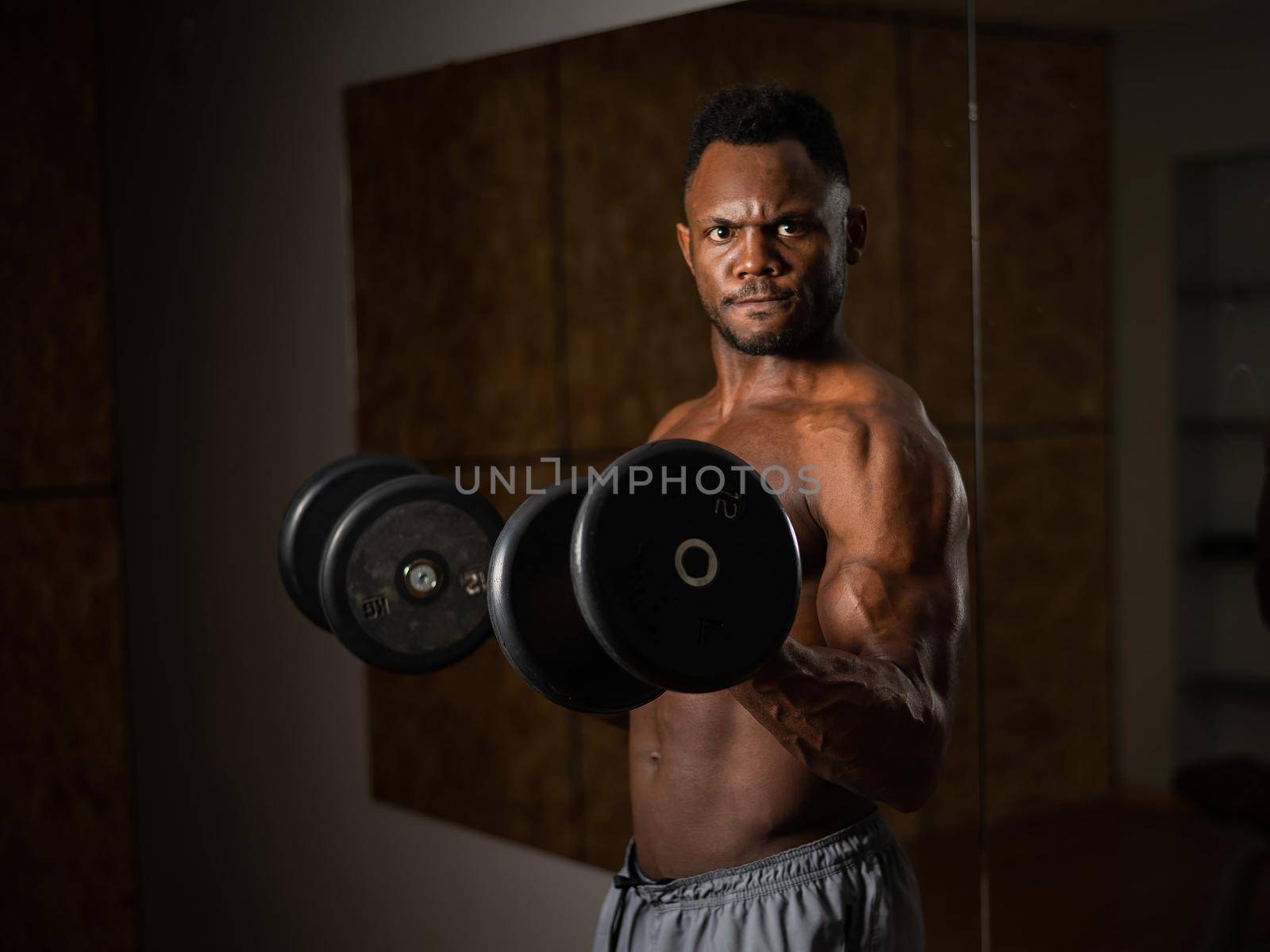 Muscular dark-skinned man doing an exercise with dumbbells