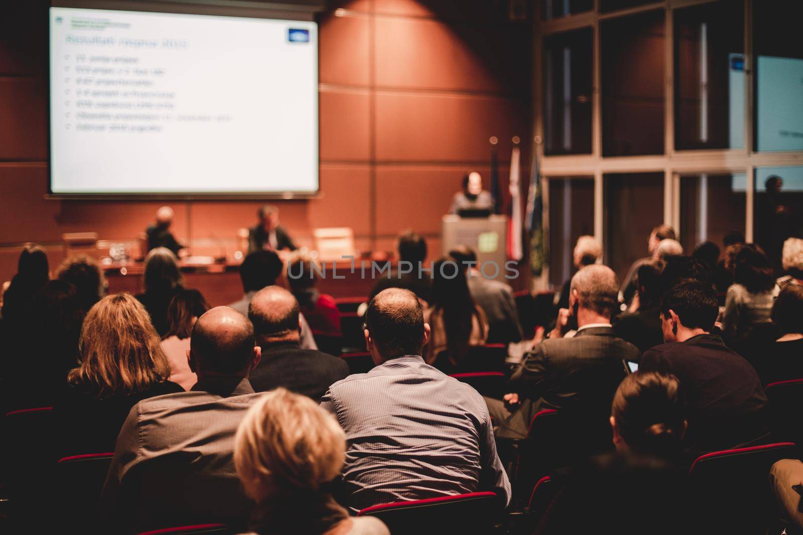 Business and entrepreneurship symposium. Speaker giving a talk at business meeting. Audience in the conference hall. Rear view of unrecognized participant in audience.