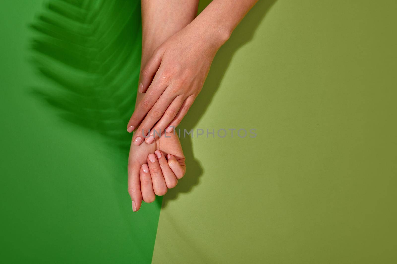 Female hands with beautiful manicure on green background by Demkat