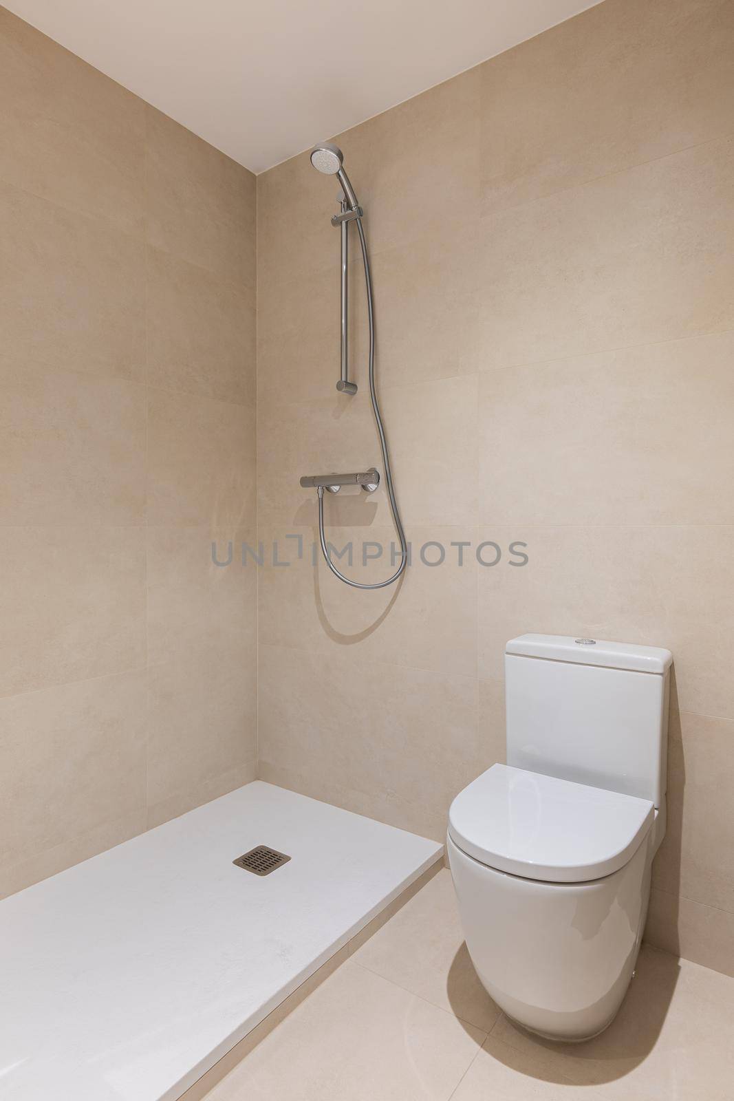 Bathroom with toilet, shower and ceramic tiled wall. Vertical view of modern minimalist interior by apavlin