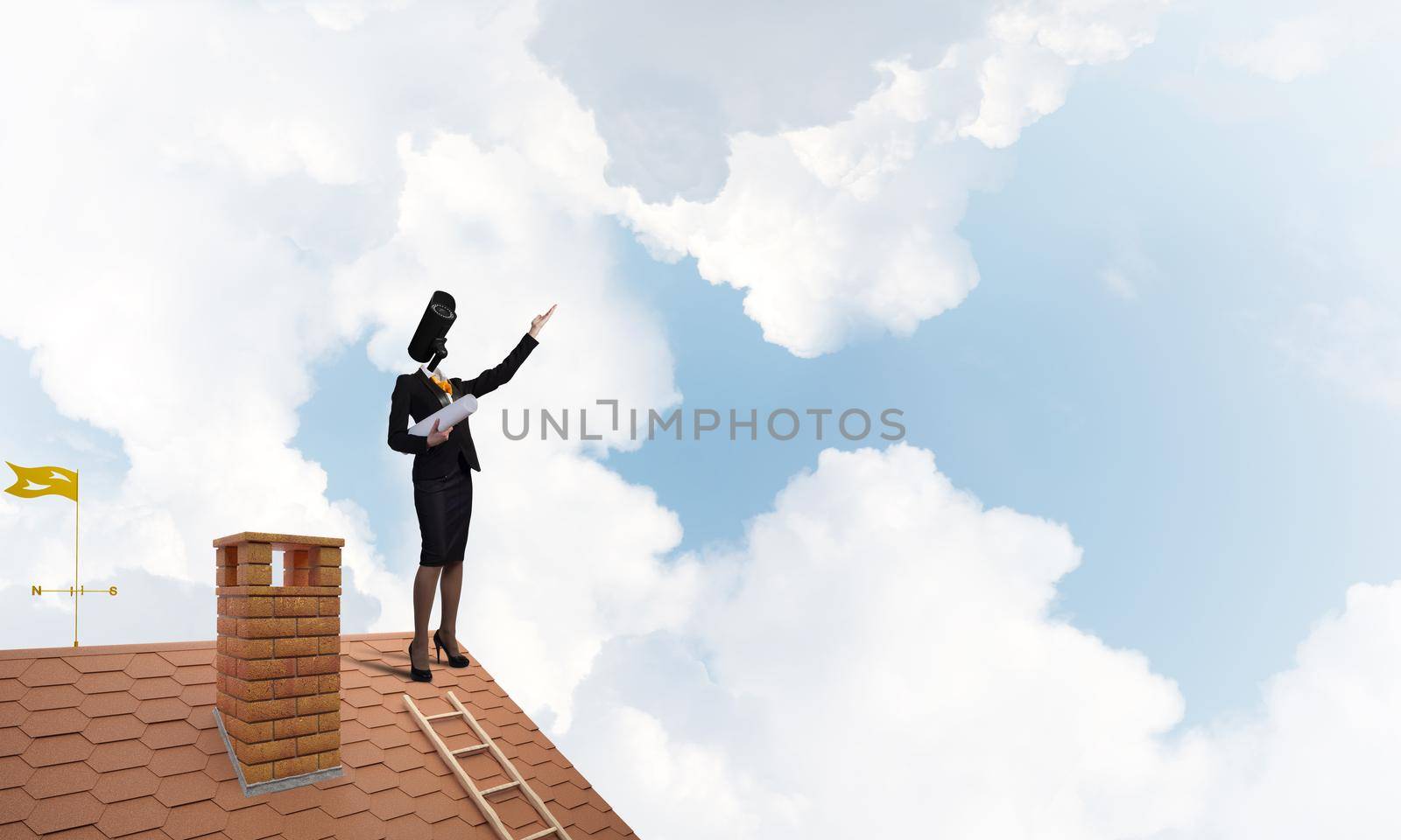 Faceless businesswoman with camera zoom instead of head standing on house roof